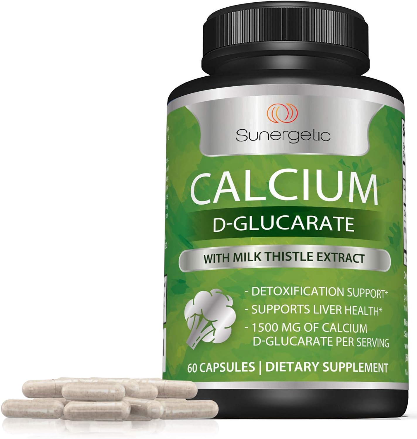 Sunergetic Premium Calcium D-Glucarate Supplement with Milk Thistle Extract  -60 Capsules