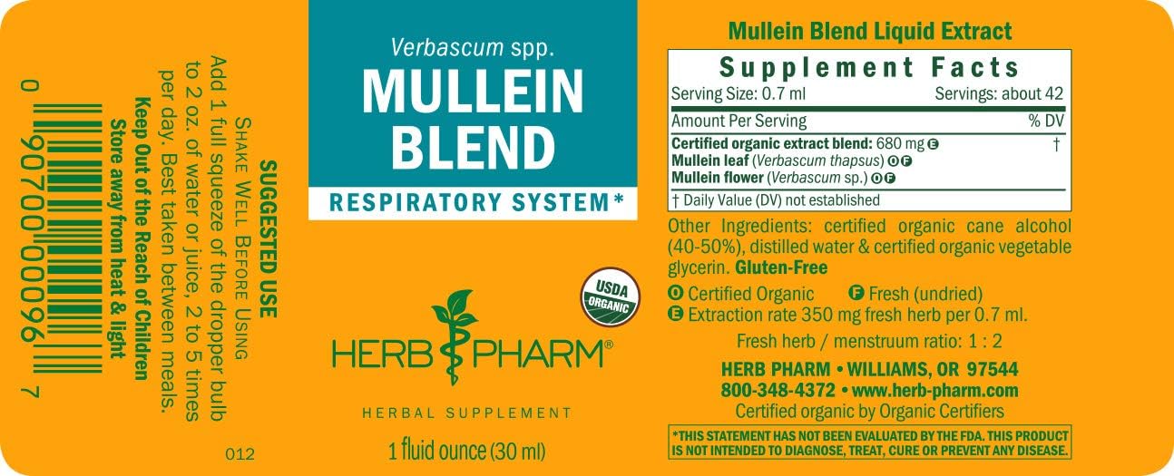 Herb Pharm Certified Organic Mullein Blend Liquid Extract for Respiratory System Support - 1 Ounce