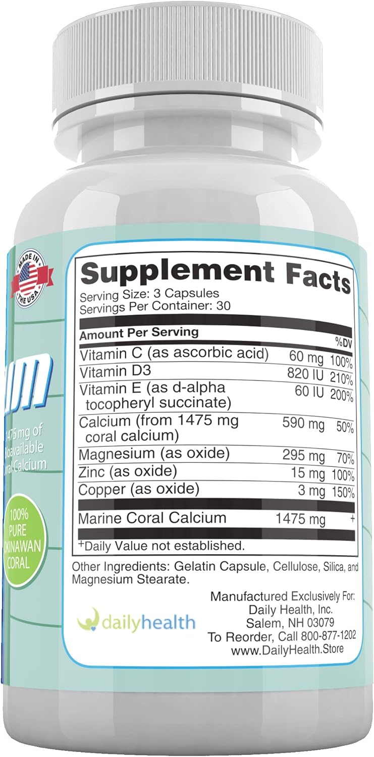 Daily Health, Coral Calcium Pure Okinawa   Marine-Grade Supplement with 72 Trace Minerals - 1475mg, 90 Capsules