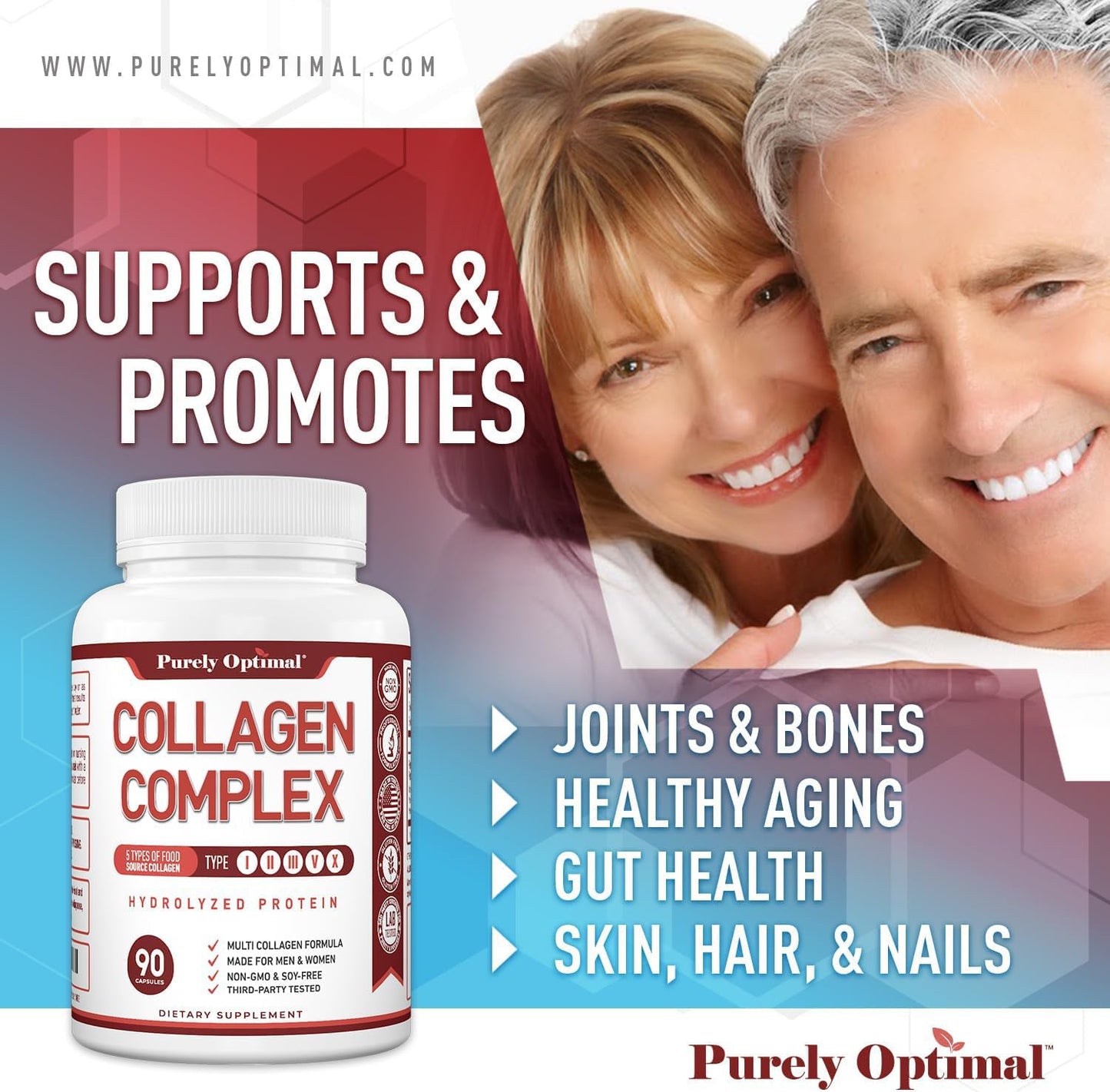 Purely Optimal Premium Multi Collagen Peptides (Types I, II, III, V, X) - 90 Capsules