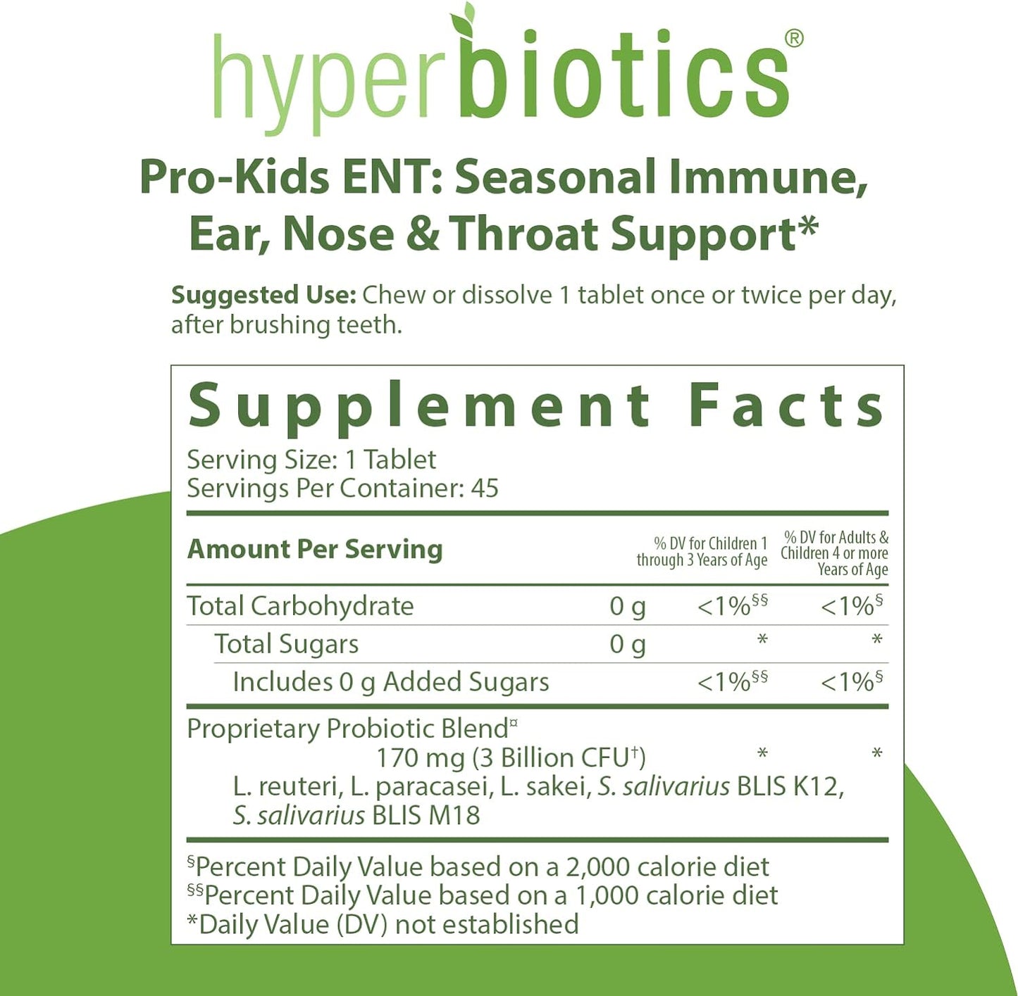 Hyperbiotics ENT Probiotic for Kids | Vegan Supplement for Ears, Nose, Throat 45 count