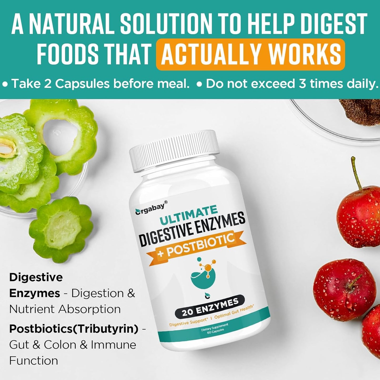 Orgabay Digestive Enzymes  with Postbiotics, 20 Enzyme 60 Veggie Capsules