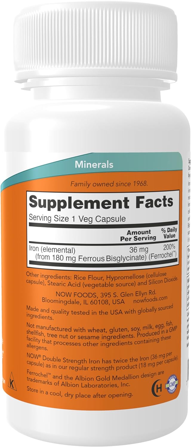 NOW Supplements, Iron 36 mg, Double Strength, Non-Constipating, Essential Mineral, 90 Veg Capsules