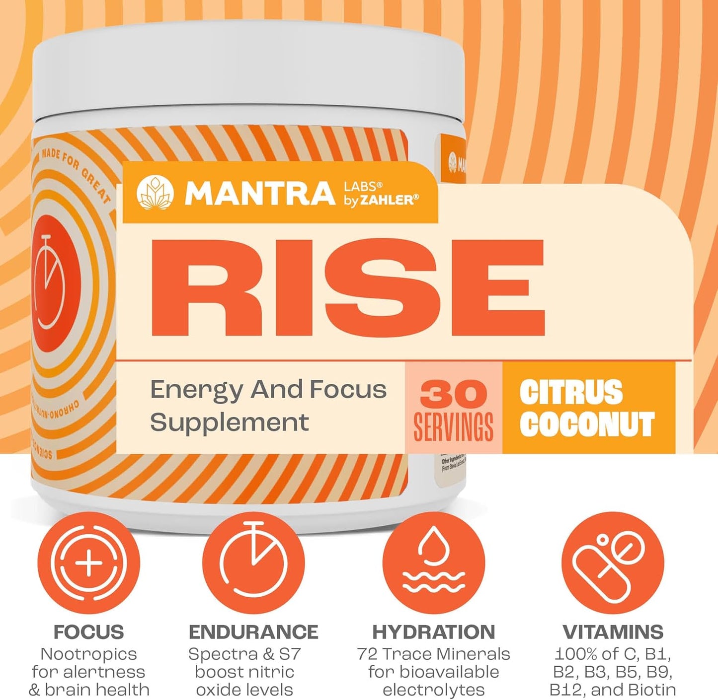 Zahler Mantra Rise, The Energy and Focus Supplement, Citrus Coconut Flavored, 30 Servings