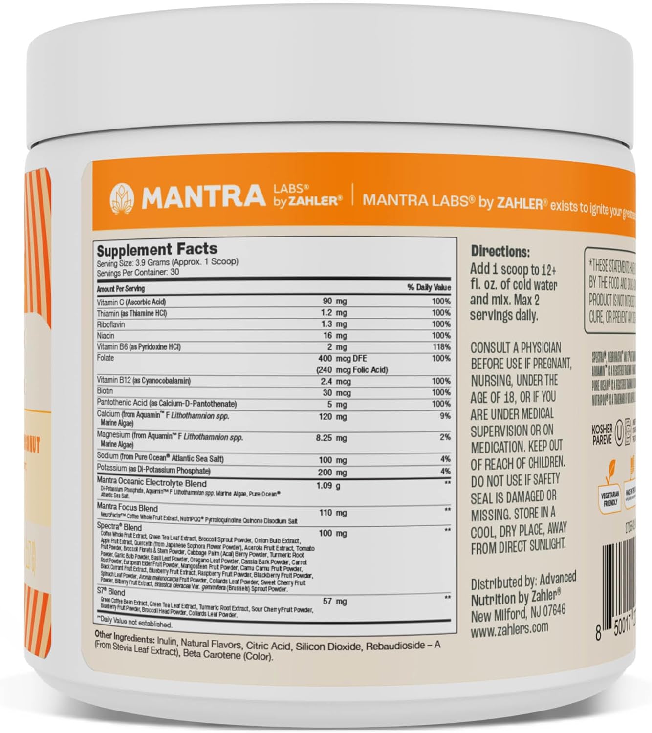 Zahler Mantra Rise, The Energy and Focus Supplement, Citrus Coconut Flavored, 30 Servings