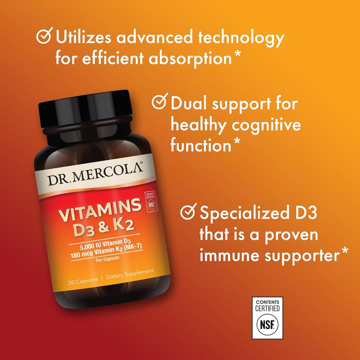 Dr. Mercola Vitamins D3 & K2,Supports Immune Health 30 count