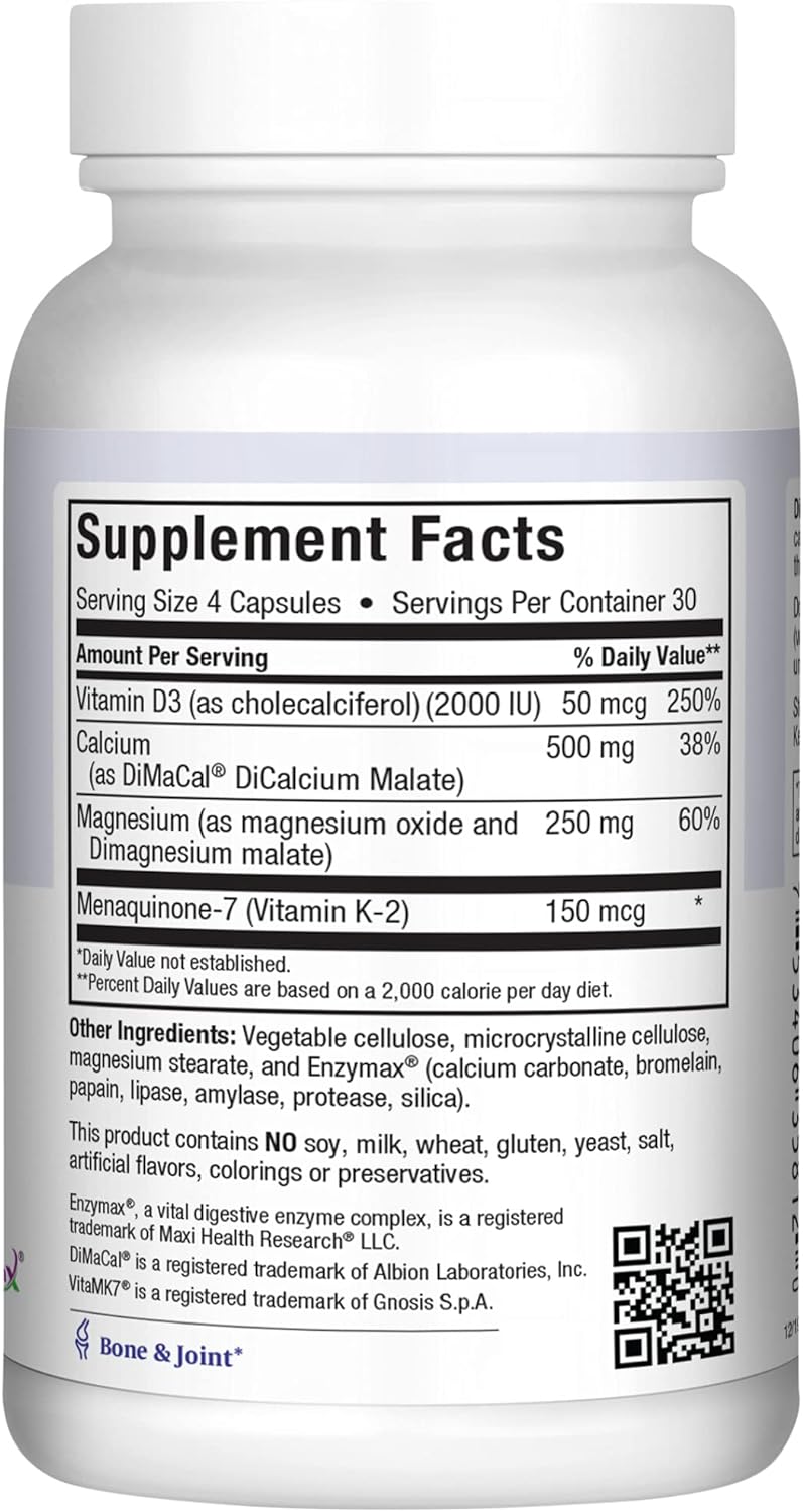 500 mg Calcium Supplement with Vitamin D3 (2000 IU), Magnesium (250 mg) and Vitamin K2 (150 mcg) -  120 Capsules