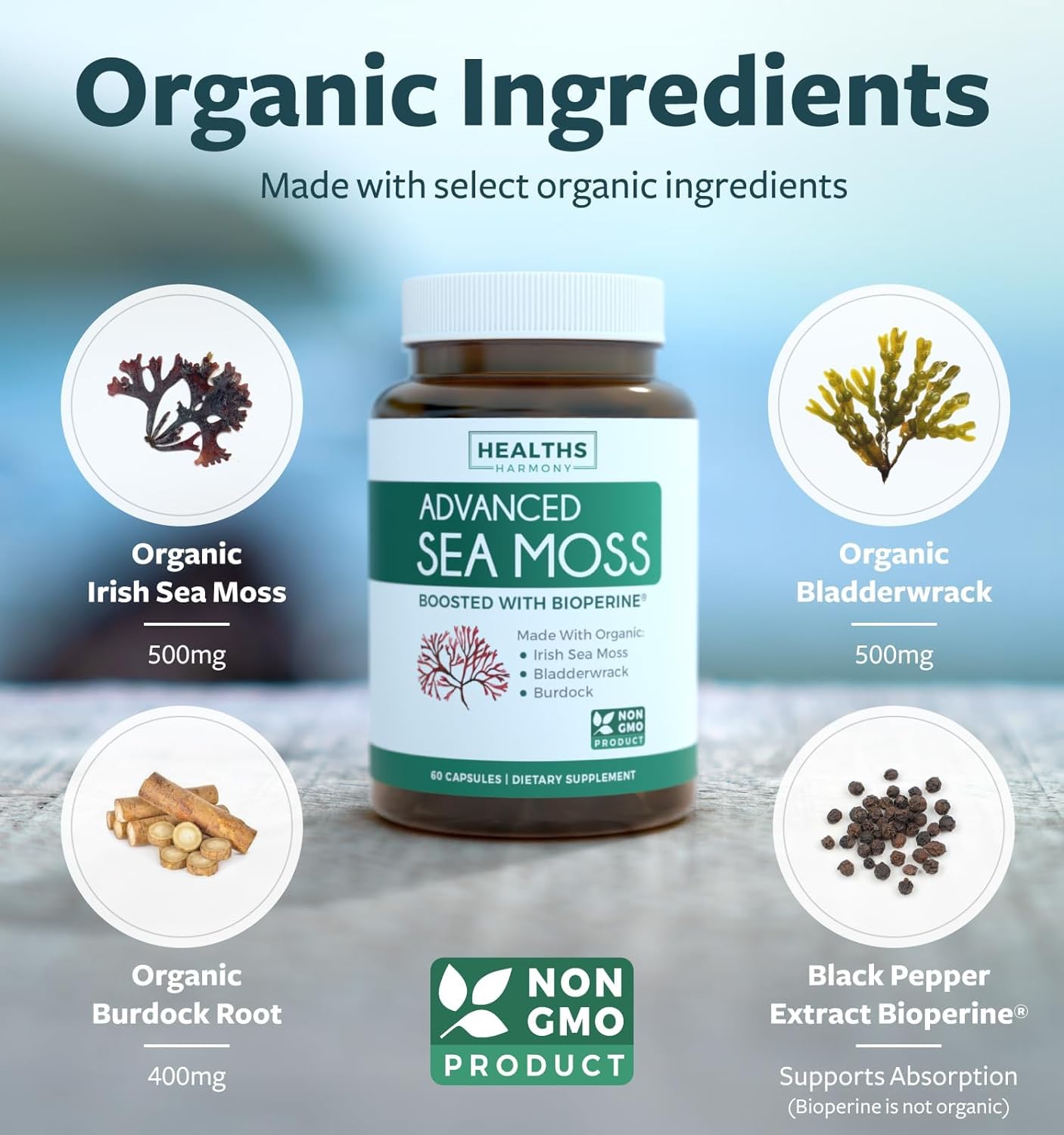 Irish Sea Moss Capsules (Non-GMO) Organic Irish Seamoss,- 60 Capsules