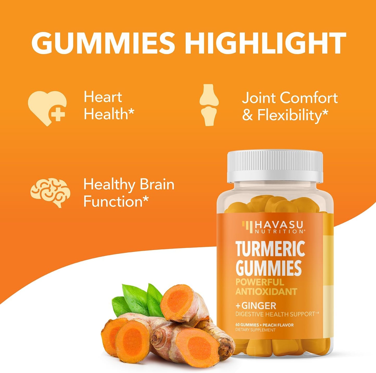 Turmeric and Ginger Gummies for Adults Peach Flavor 60 count