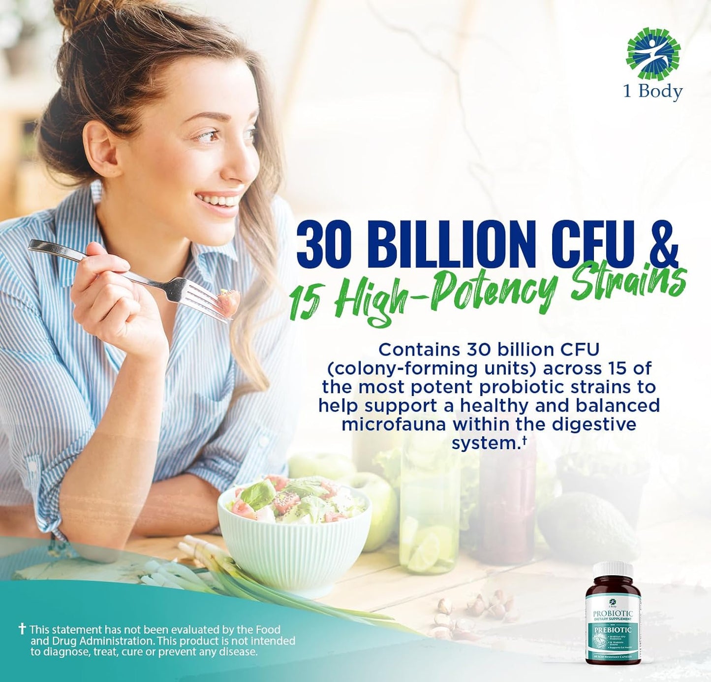 30 Billion CFU Probiotic Supplement with Prebiotics 60 Capsules