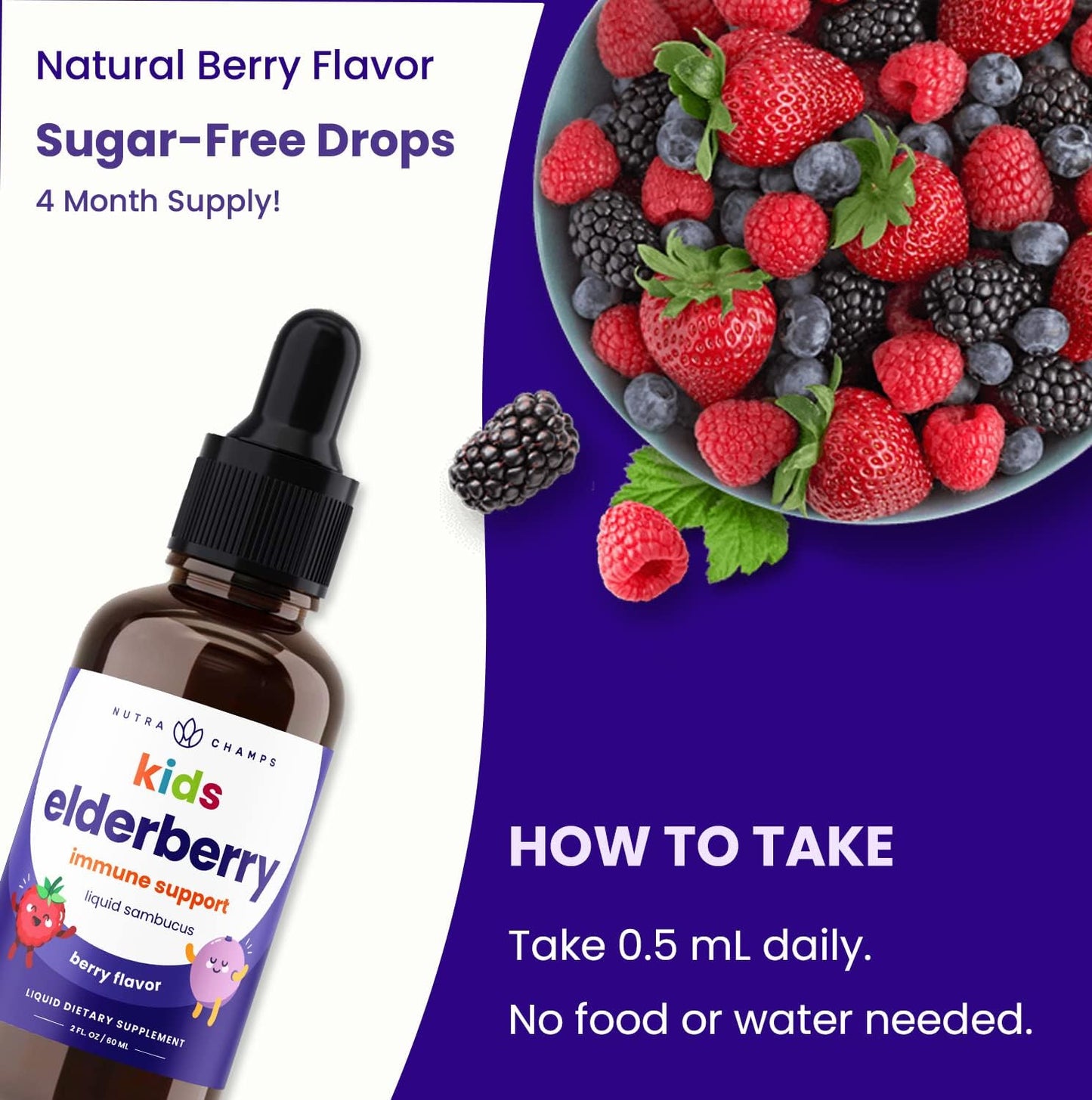 Black Elderberry for Kids Liquid Drops | 10:1 Extract Sambucus Elderberry Syrup for Kids  60 ml