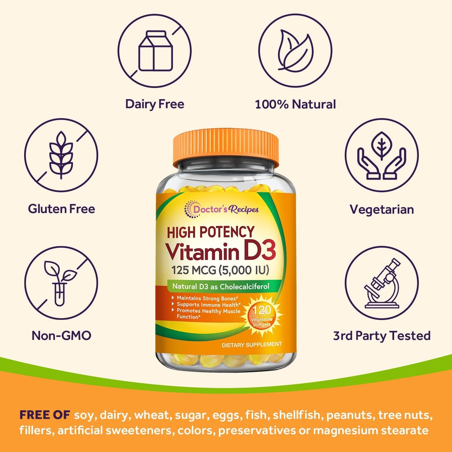 Doctor's Recipes Vitamin D3 5000IU, Immune Support for Bones- 120 softgels