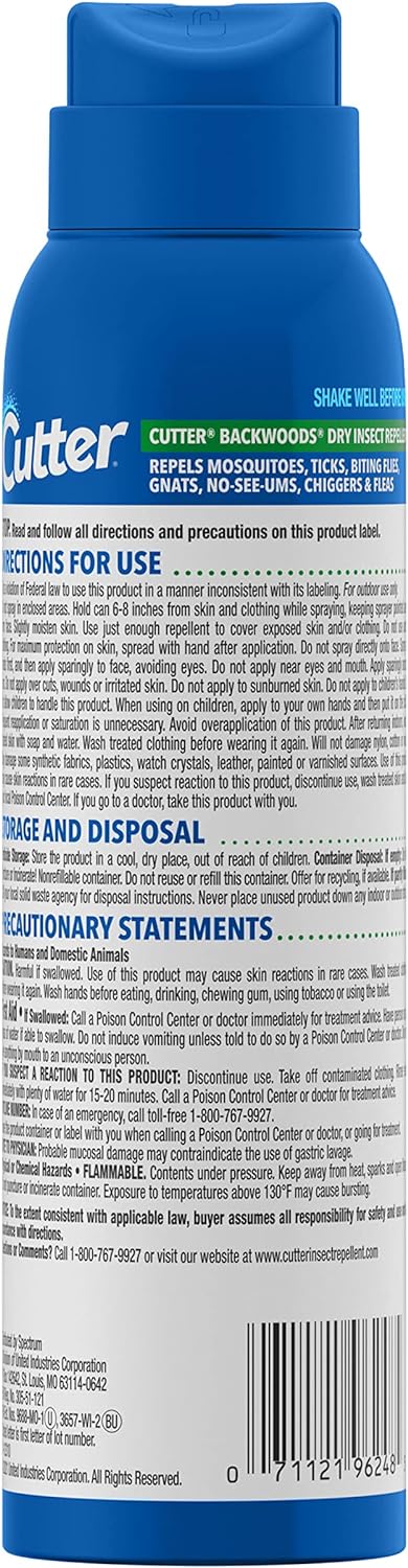 Cutter Backwoods Dry Insect Repellent, Mosquito Repellent, 25% DEET, Sweat Resistent, 4 Ounce (Aerosol Spray)