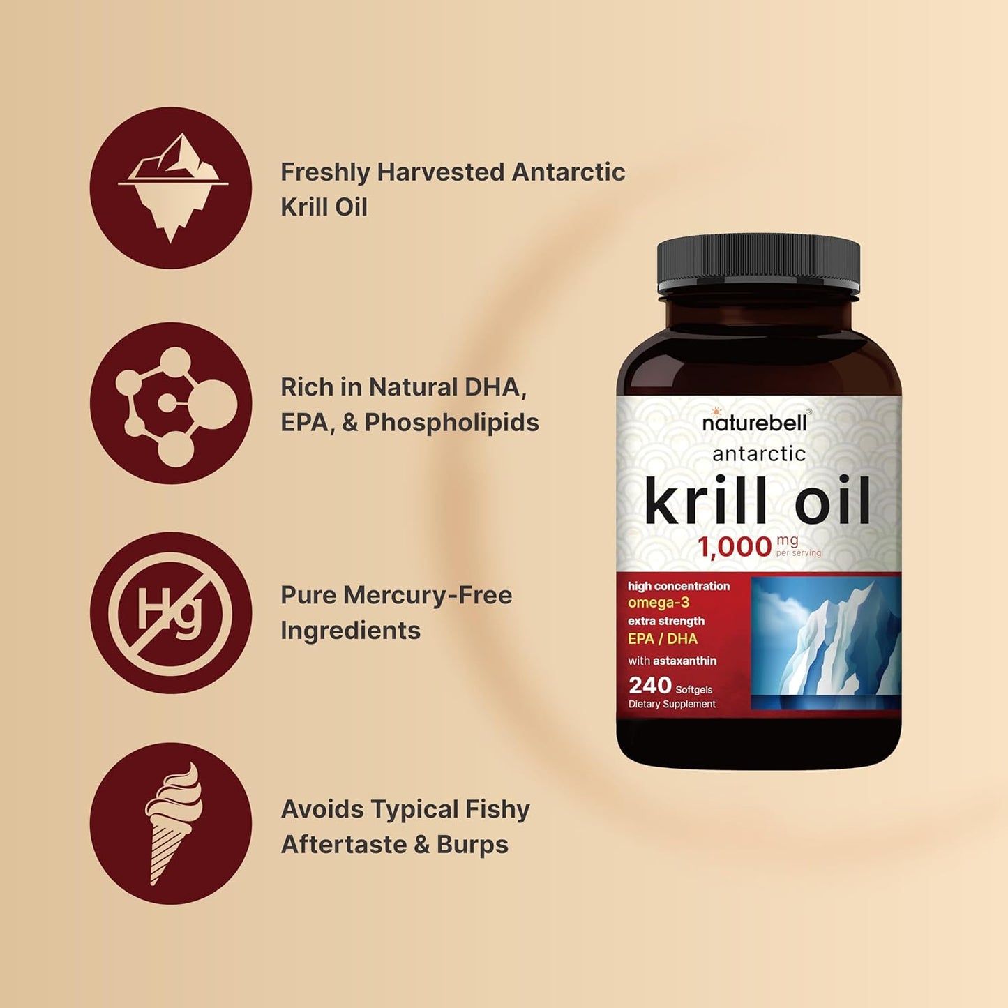 NatureBell Antarctic Krill Oil 1000mg Supplement, 240 Softgels