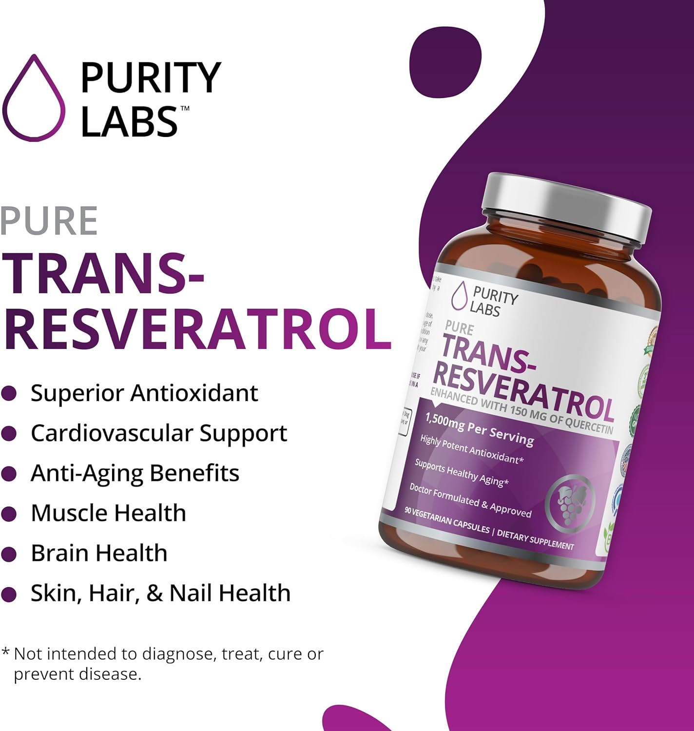 Purity Labs Pure Trans-Resveratrol Supplement + Quercetin 1500mg, 90count