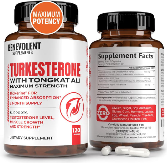 Turkesterone 8,000mg [Highest Purity] + BioPerine® for High Absorption Supplement - 120 capsules