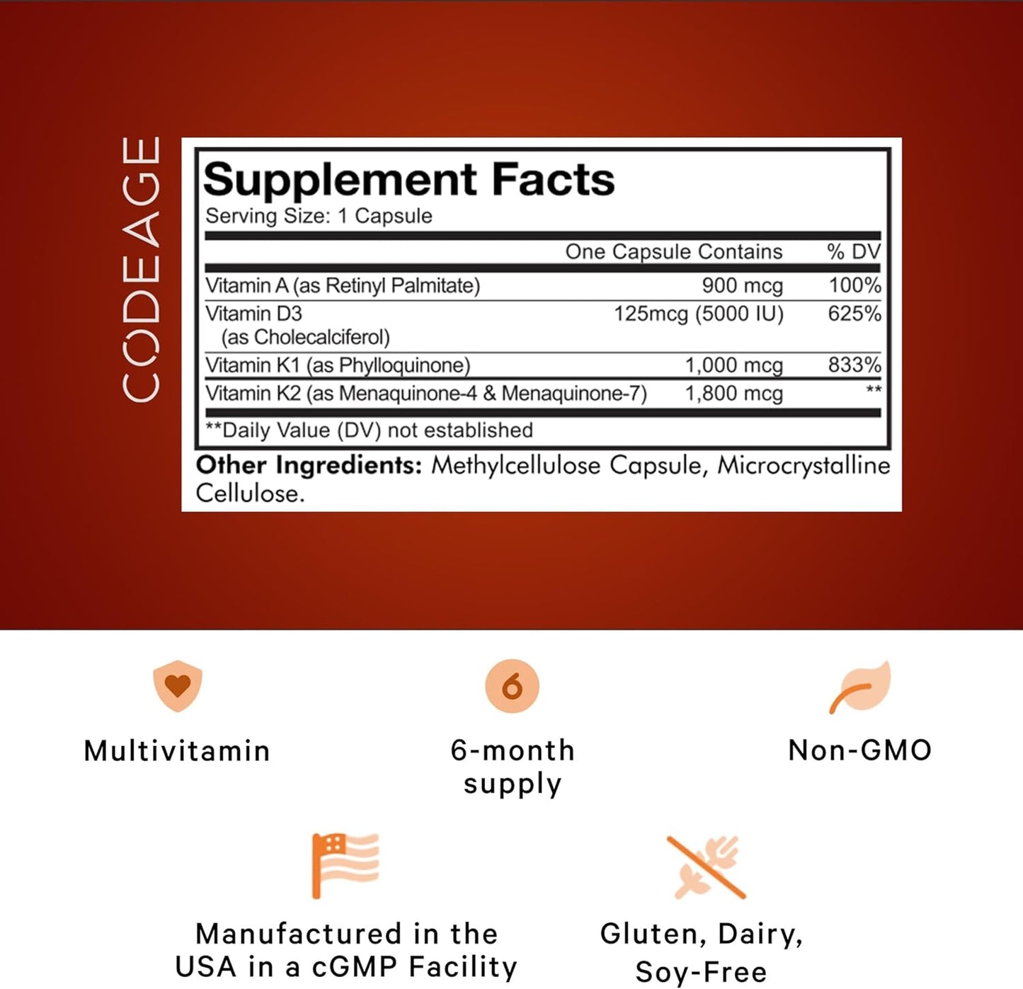 Codeage ADK Vitamins  K1 & K2 Vitamin A 180 Capsules