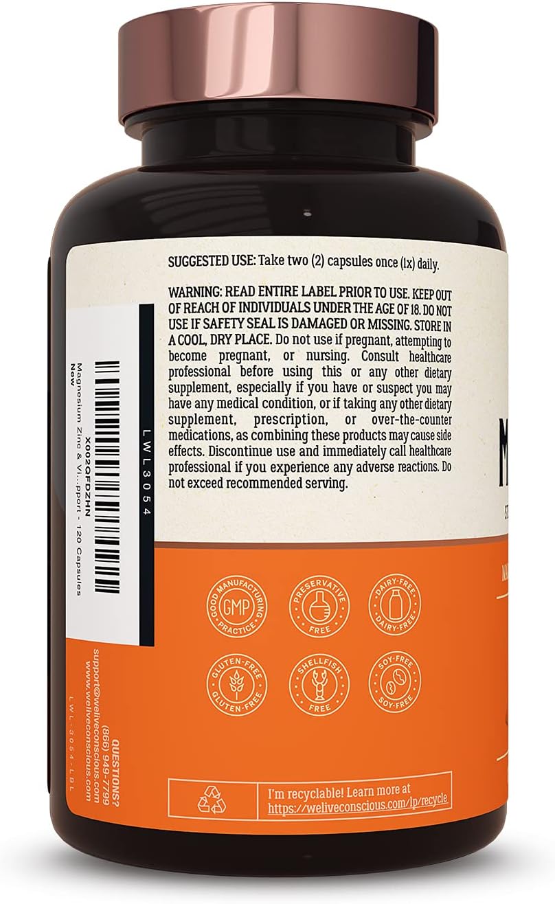 Live Conscious Magwell Magnesium Zinc & Vitamin D3 - Magnesium Glycinate, Malate, & Citrate-120 Caps