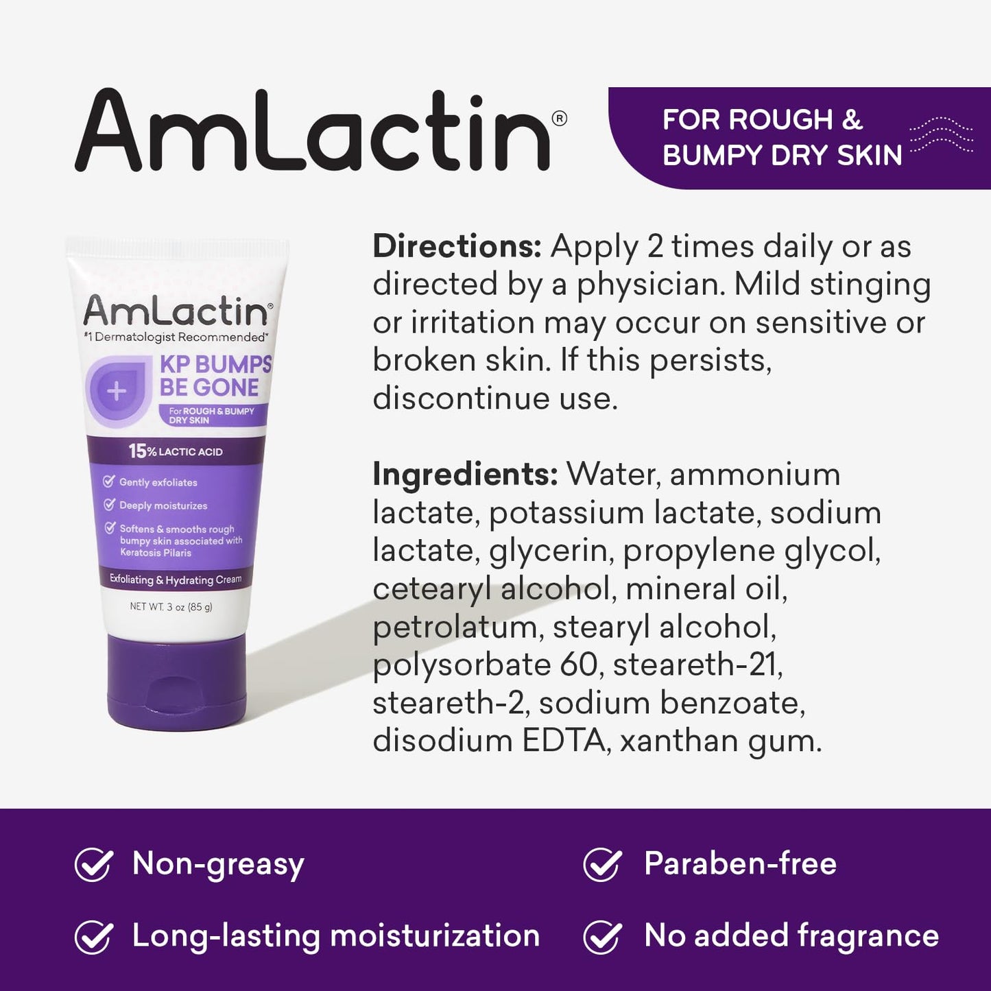 AmLactin KP Bumps Be Gone - 3 oz Keratosis Pilaris Moisturizing Cream with 15% Lactic Acid