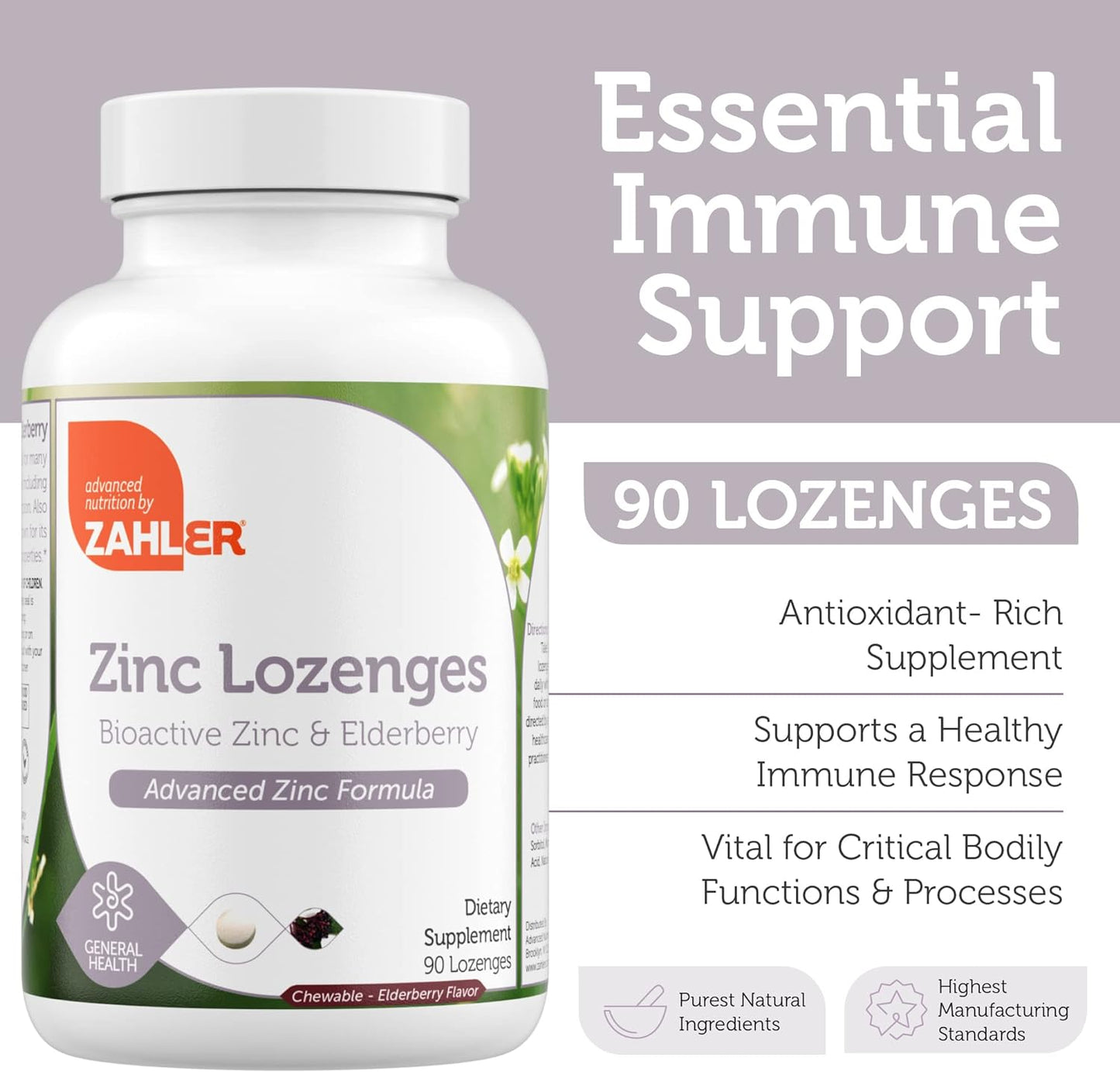 Zahler Elderberry Zinc Lozenges for Adults & Kids - 90 Count