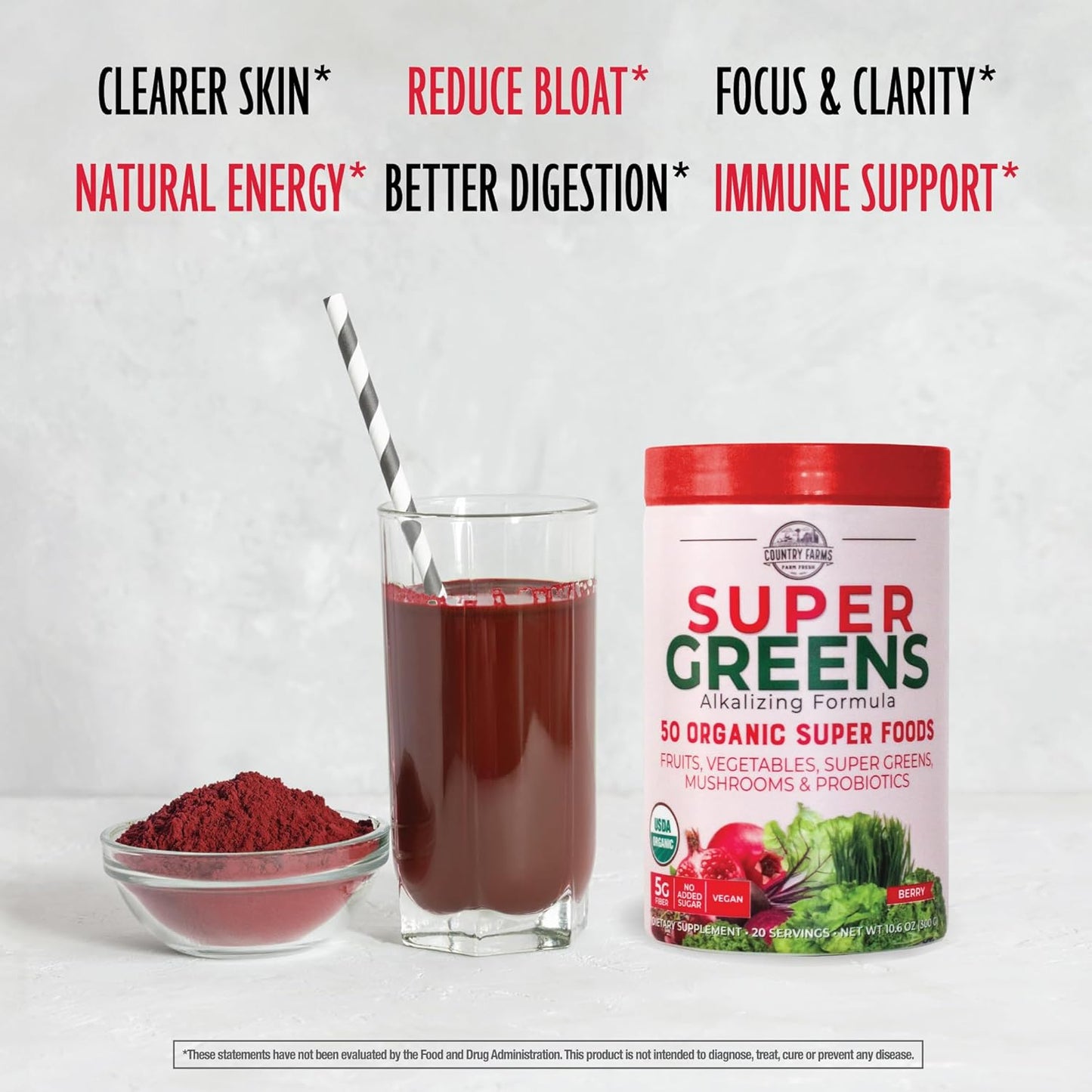 COUNTRY FARMS Super Greens Berry Flavor, 50 Organic Super Foods, 20 Servings