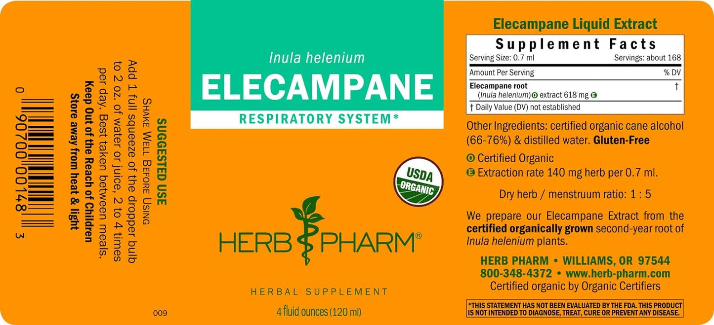 Herb Pharm Certified Organic Elecampane Liquid Extract for Respiratory System Support - 4 Ounce