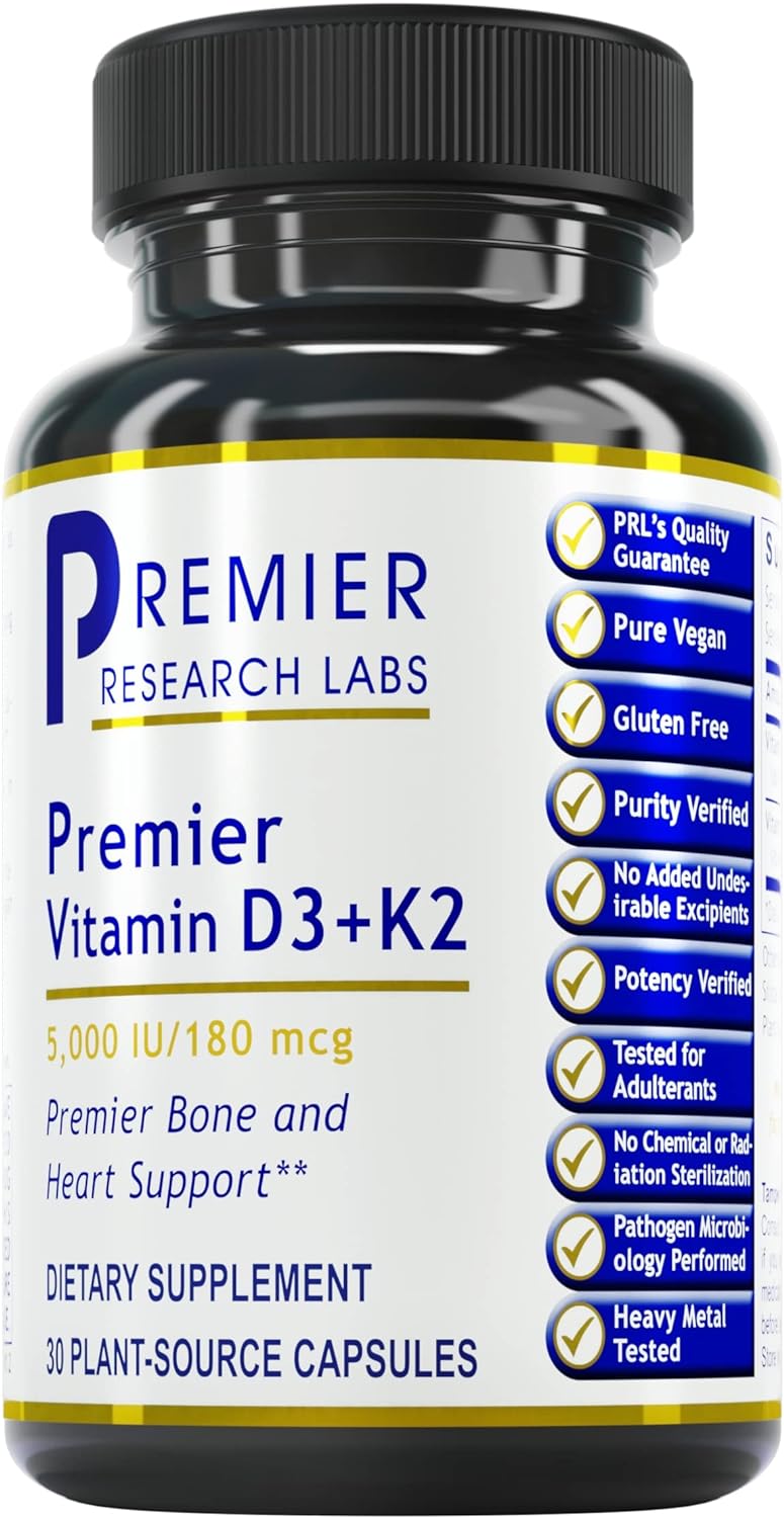 Premier Research Labs: Vitamin D3 + K2 Supplements  -30 Plant-Source Based Capsules