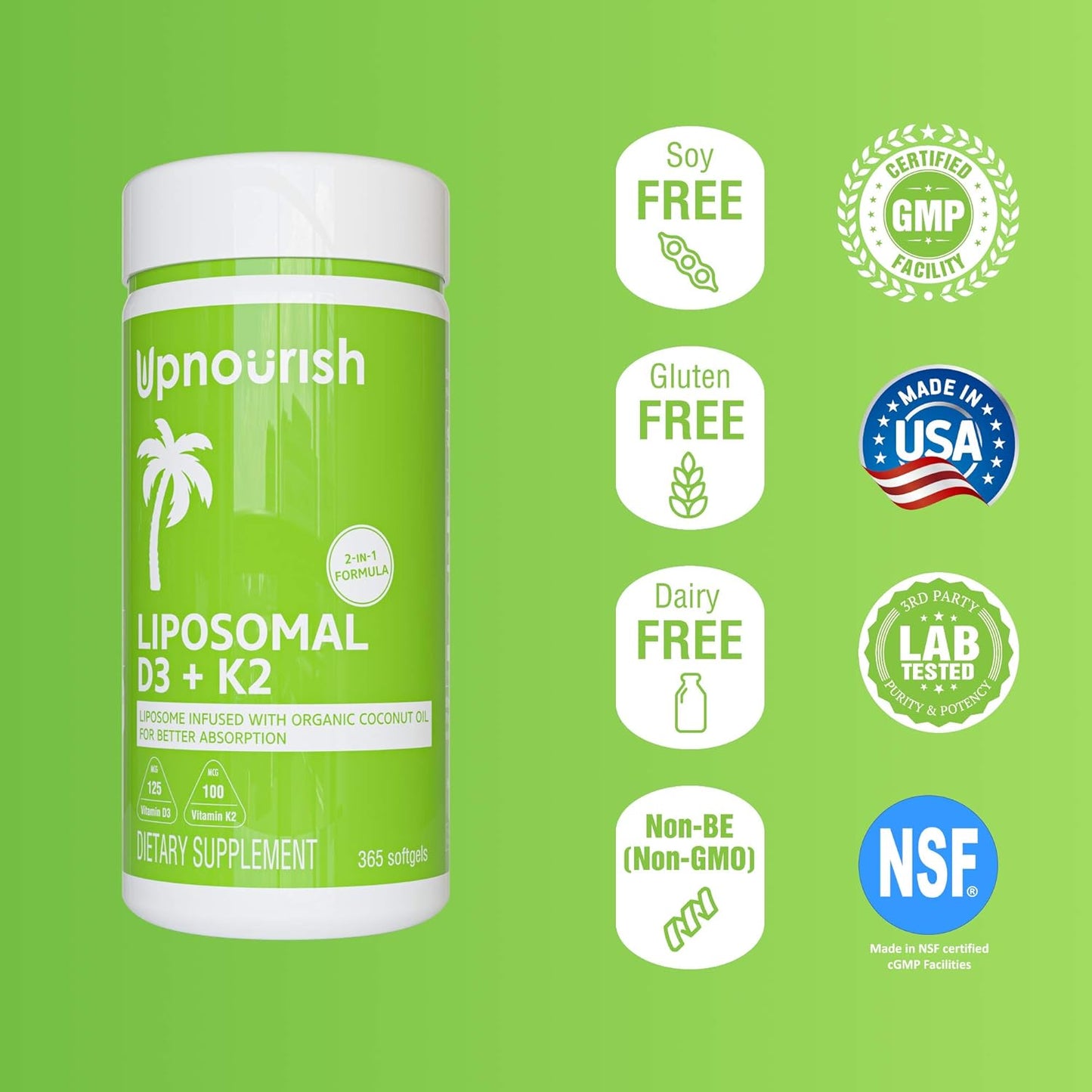 UpNourish Liposomal D3 & K2 MK-7, 365 Mini softgels