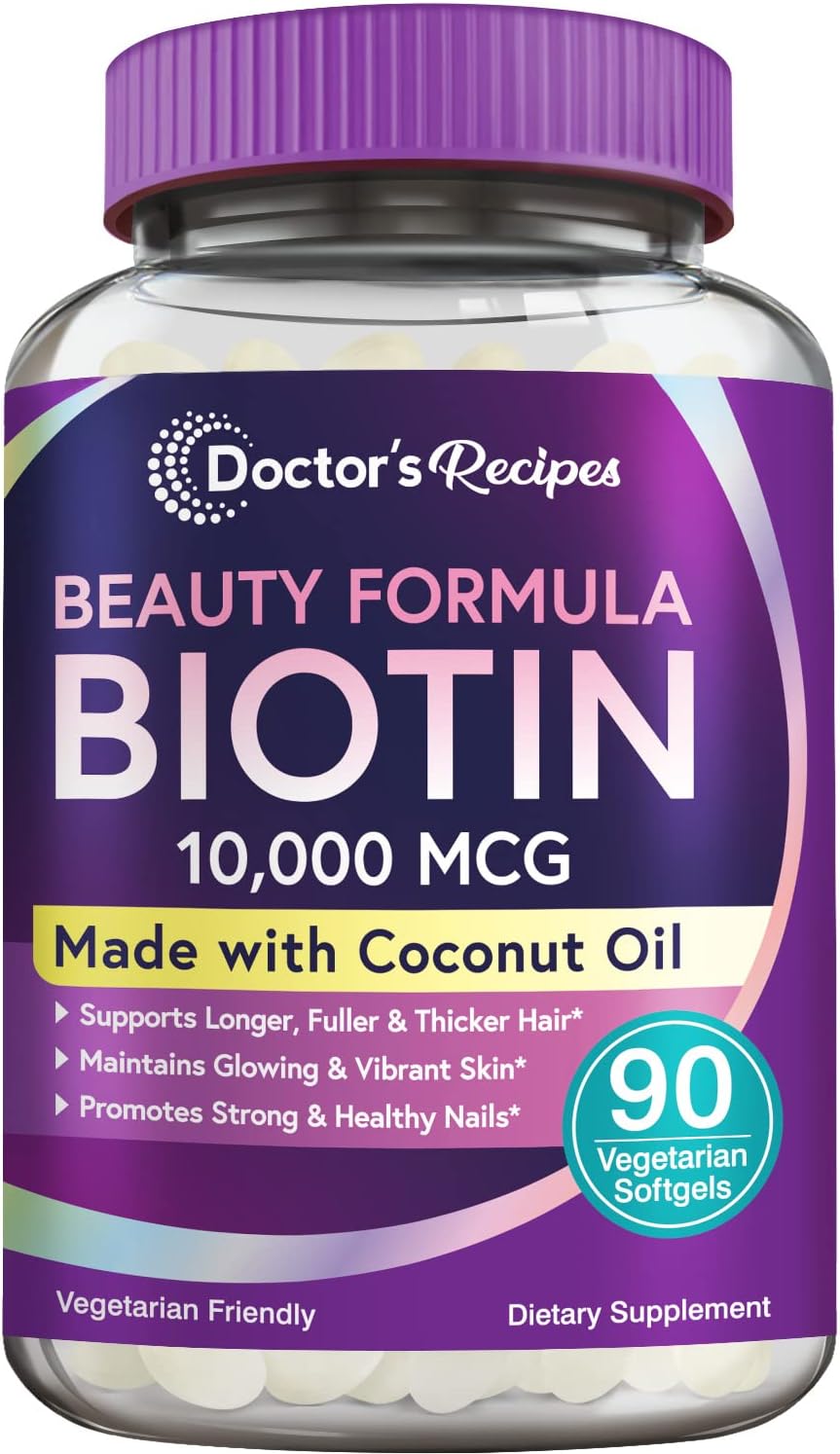 Doctor's Recipes Biotin 10,000 mcg, Hair Growth, Healthy Skin & Nails -90 softgels