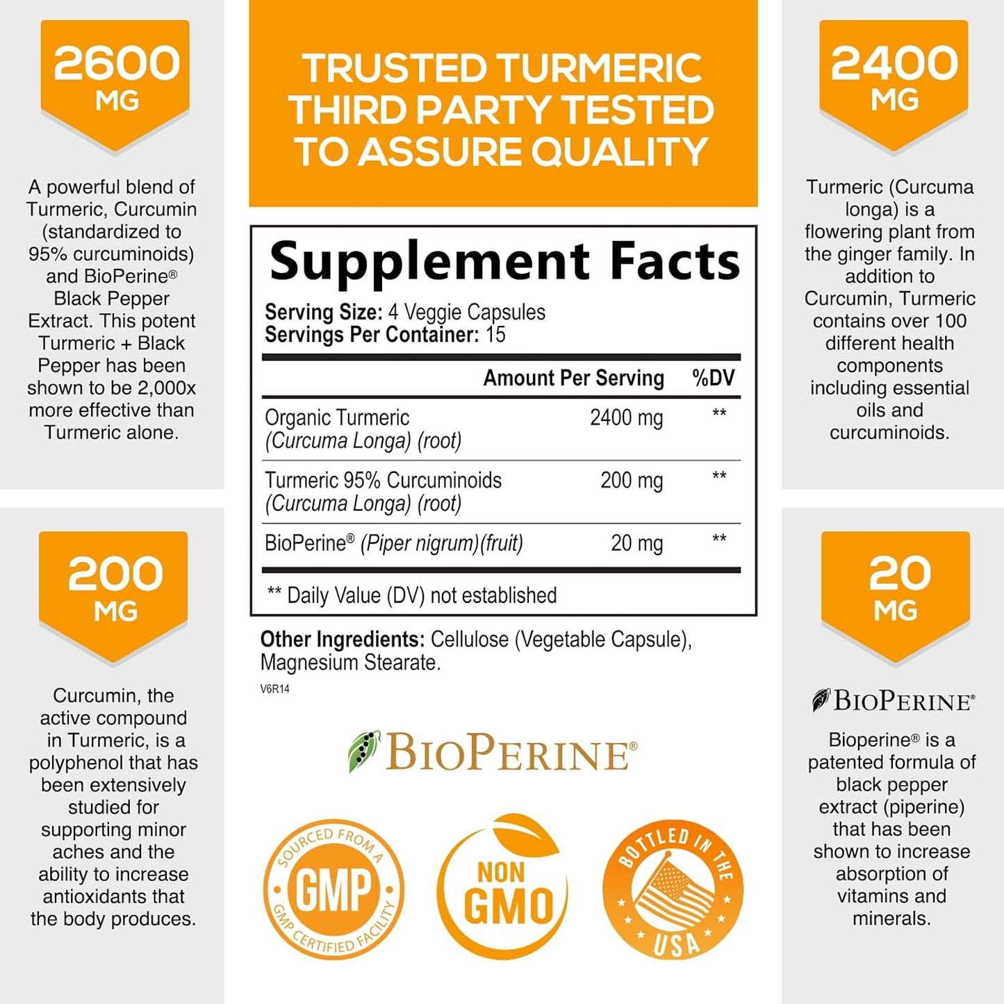 Turmeric Curcumin with BioPerine 95% Standardized Curcuminoids 2600mg -60 capsules