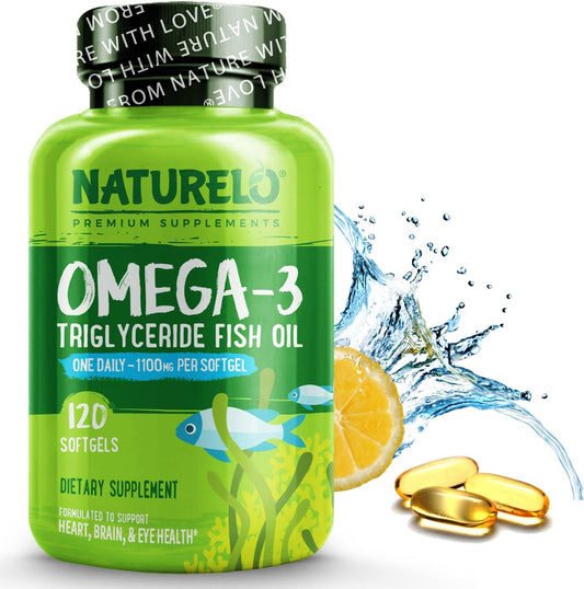 NATURELO Omega-3 Fish Oil Supplement - EPA + DHA - 1100 mg Triglyceride Omega-3 per Gel - 120 count