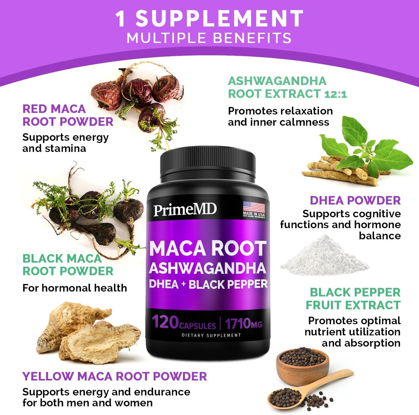 6-in-1 Organic Maca Root & Ashwagandha  120 Capsules