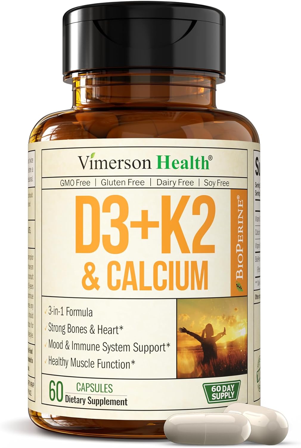 Vitamin D3, K2 Calcium Supplement with BioPerine for Immune & Bone Health - 60 Capsules