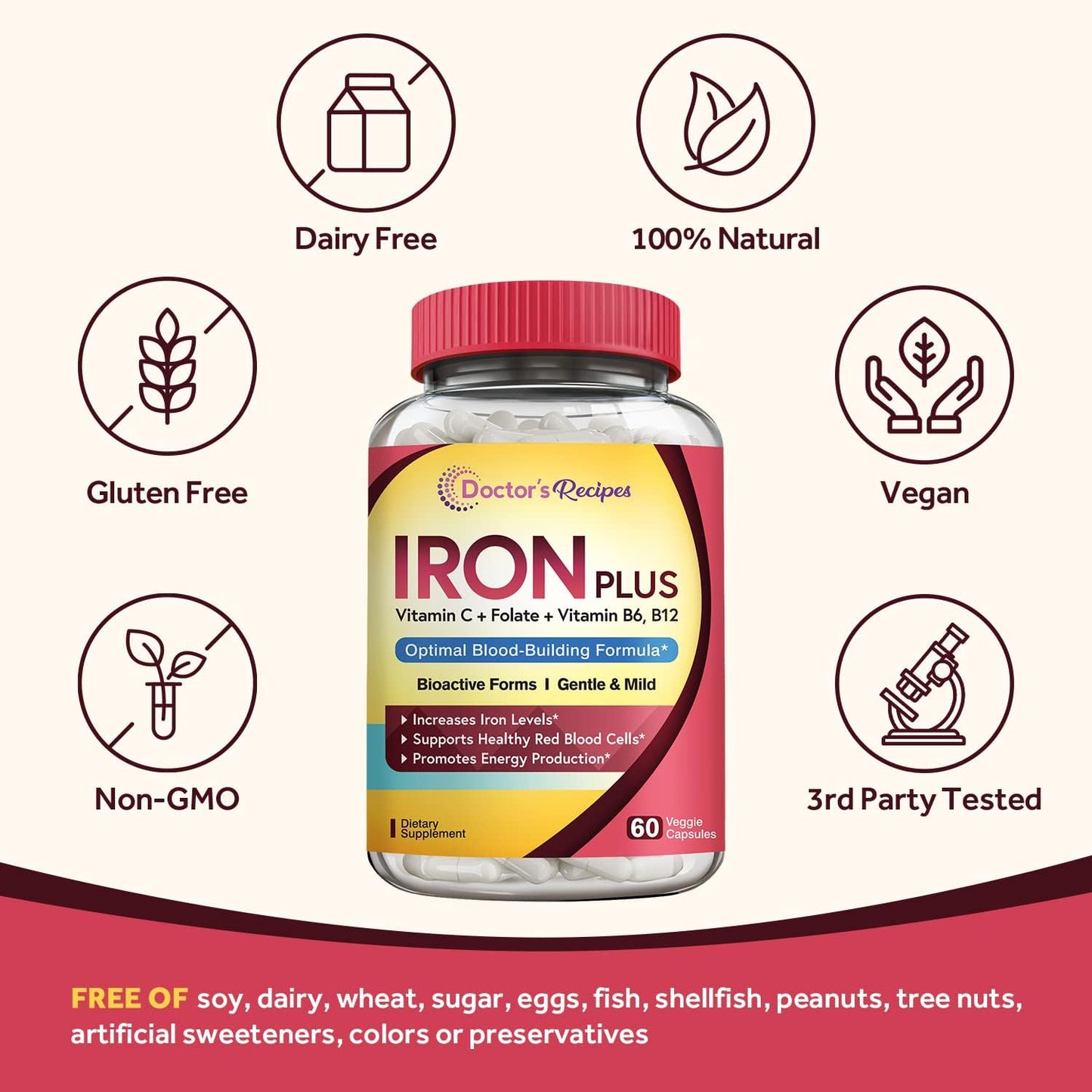 Doctor's Recipes Iron Supplement, with Vitamin C, B6, Folate & B12- 60 capsules