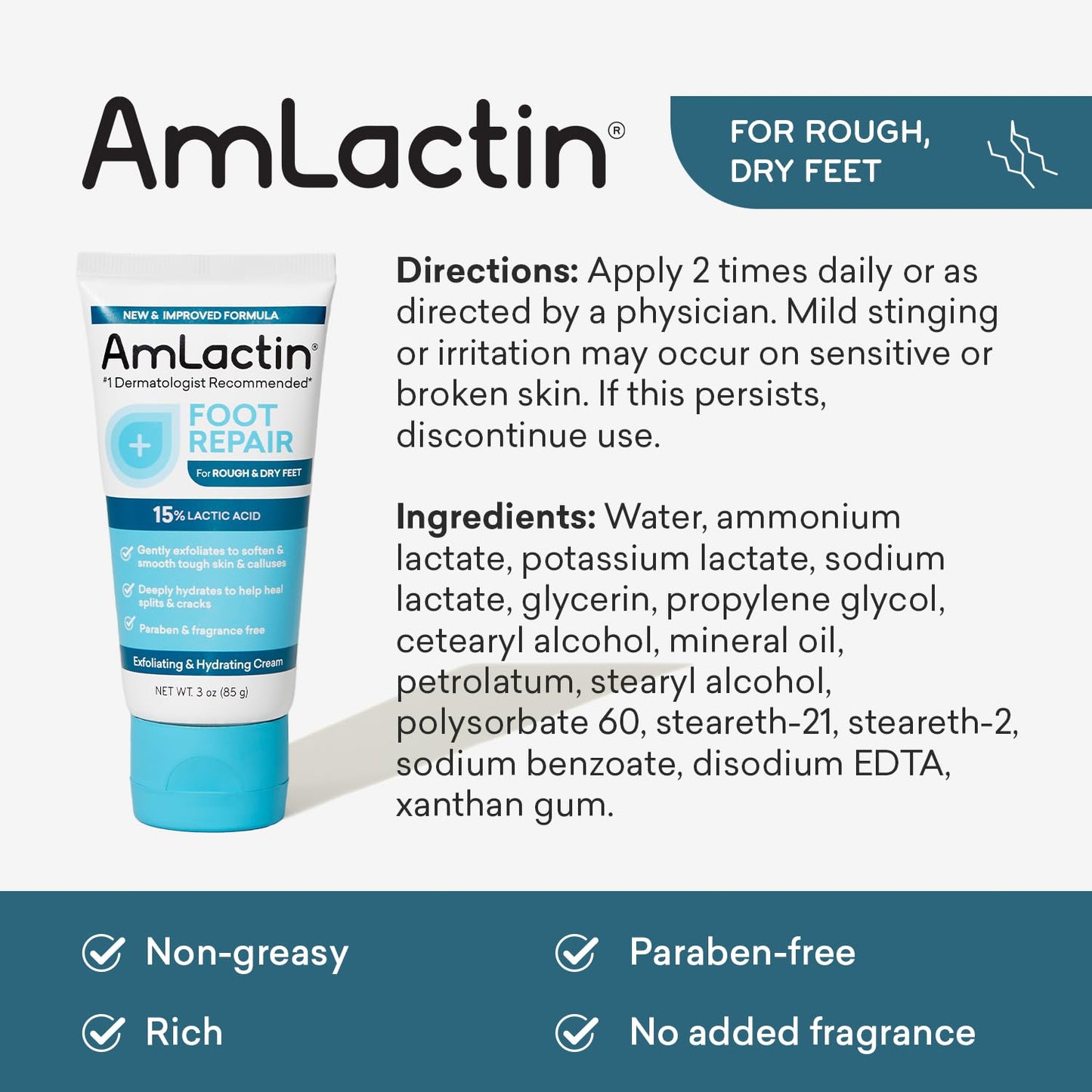 AmLactin Foot Repair Cream - 3 oz Foot Cream for Dry Cracked Heels with 15% Lactic Acid