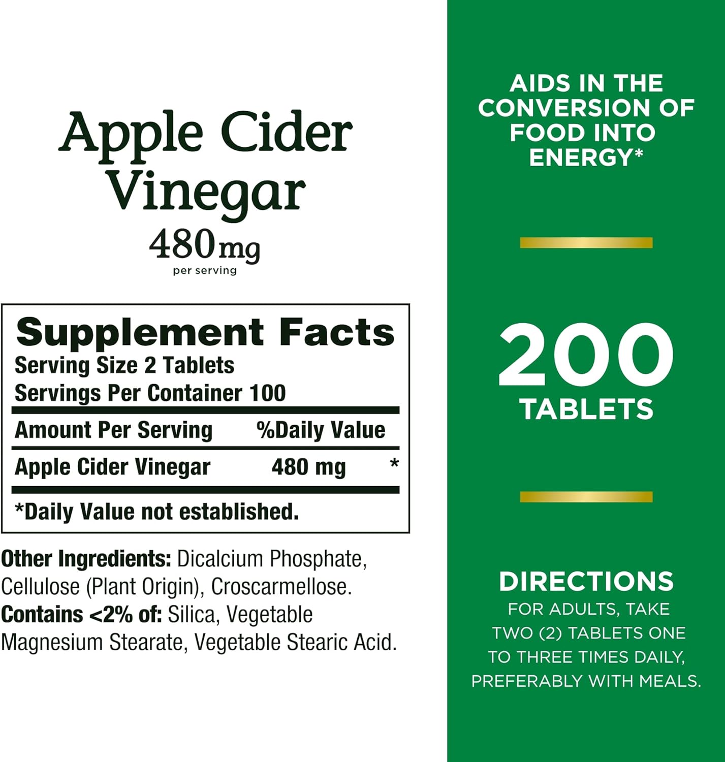 Nature's Bounty Apple Cider Vinegar 480mg Pills, Vegetarian Supplement Plant Based, 200 Tablets