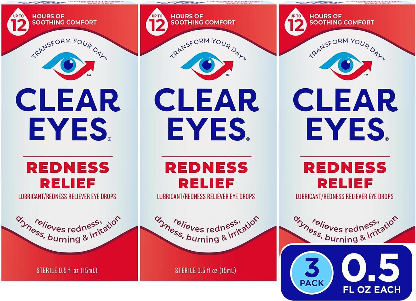 Clear Eyes Redness Eye Relief Eye Drops, 0.5 Fl Oz, Pack of 3