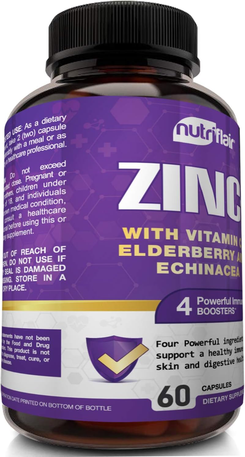 NutriFlair Zinc 50mg - with Vitamin C, Elderberry, 60 count