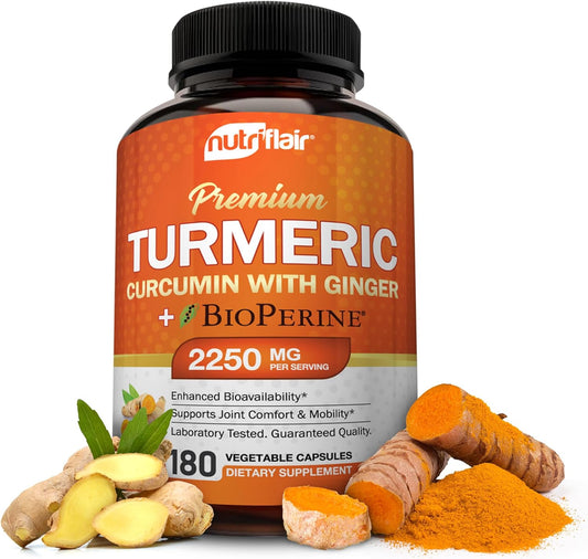 NutriFlair Turmeric Curcumin with Ginger and BioPerine Black Pepper  180 Capsules