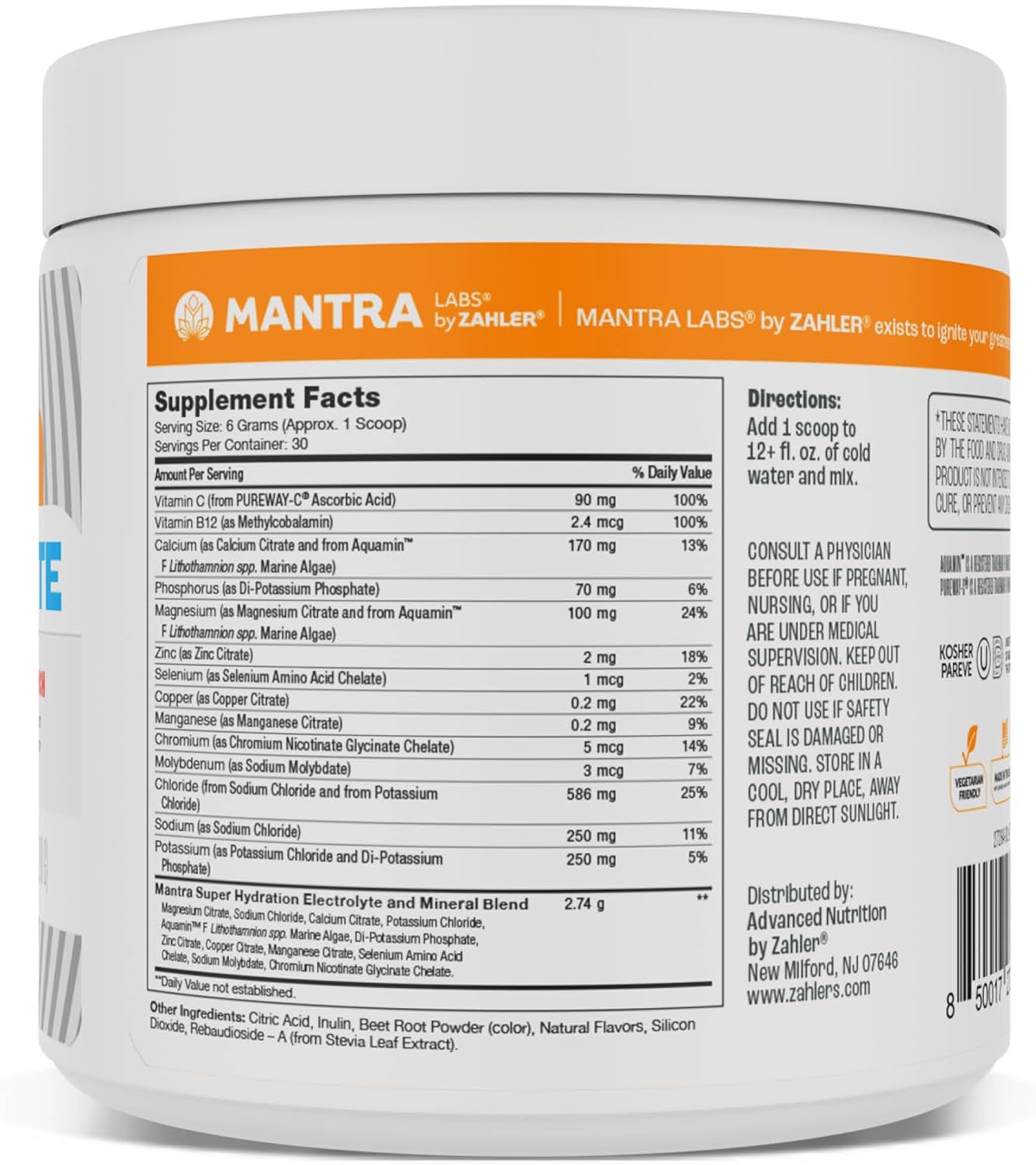 Zahler Mantra Game-Changing, Great-Tasting, Sugar-Free Hydration Supplement, Fruit Punch Flavored, 30 Servings.