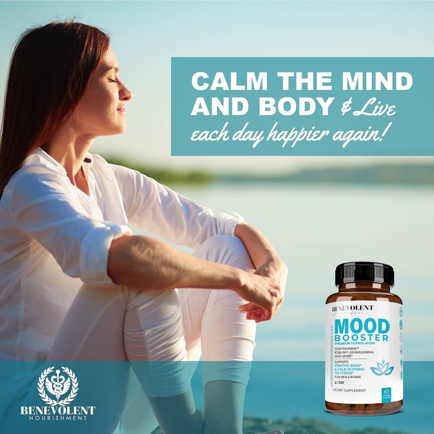 Calm Mood Booster Supplement - Natural Happy Pills for Stress, - 60 Count