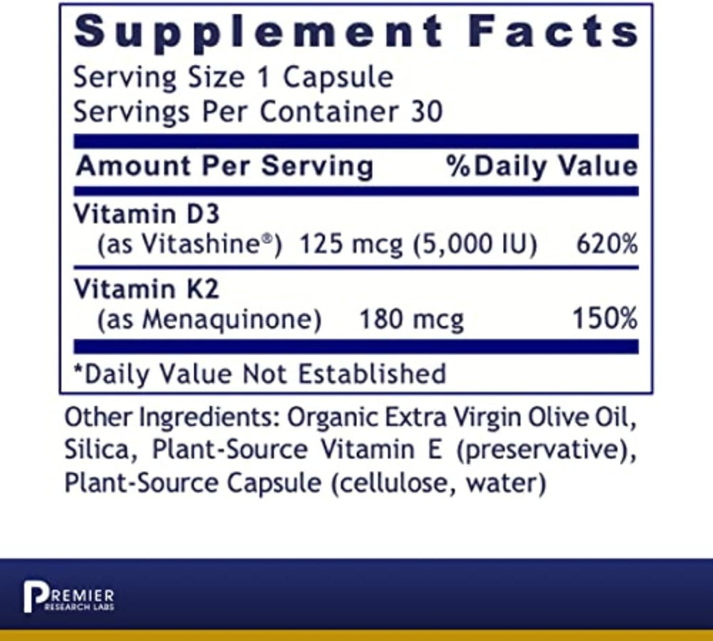 Premier Research Labs: Vitamin D3 + K2 Supplements  -30 Plant-Source Based Capsules