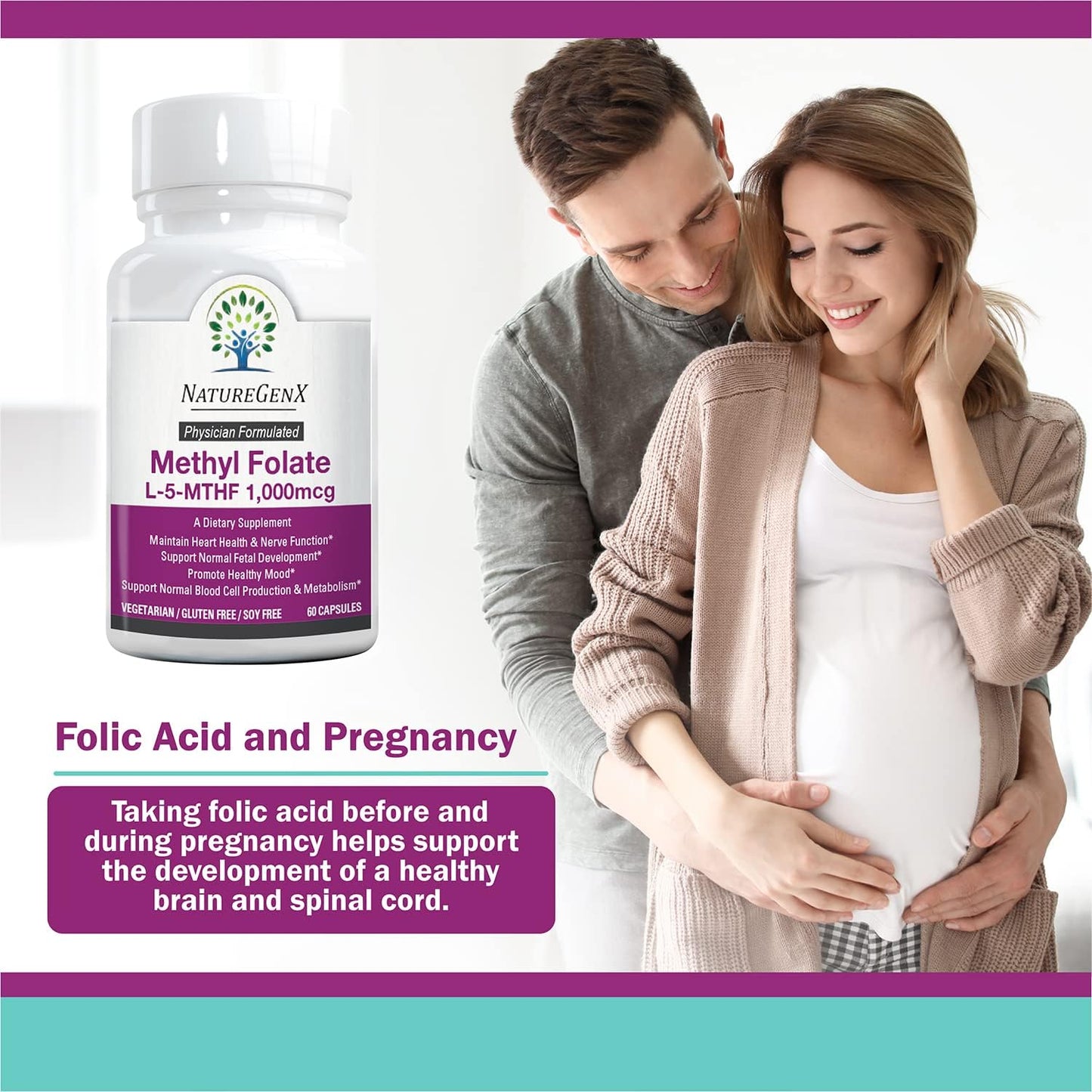 Methylfolate MTHRF Supplement - 1000 mcg Bioactive Vitamin B9 (5-MTHF) - Supports Pregnancy & Fetal Health - 60 Capsules