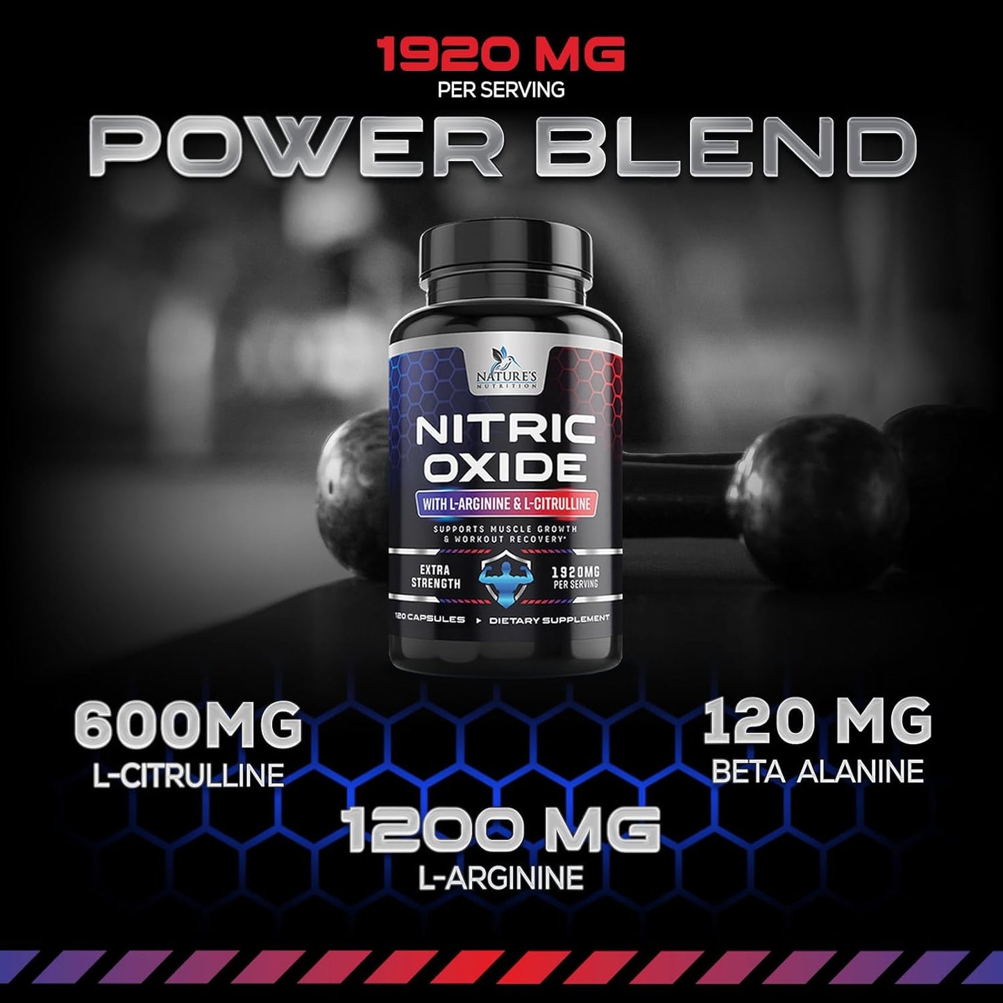 Extra Strength Nitric Oxide Supplement L Arginine 3X Strength  - 120 Capsules