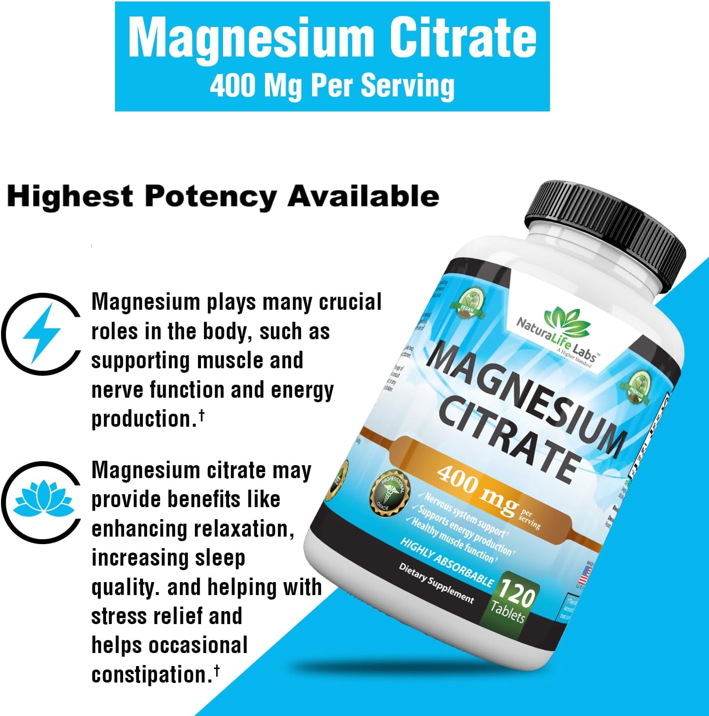 Magnesium Citrate 400 mg - High Potency Elemental 120 Tablets