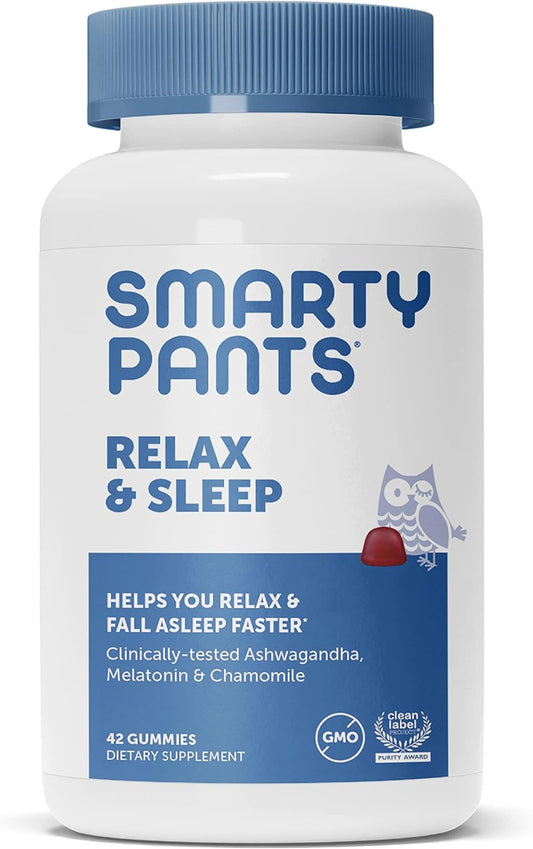 SmartyPants Relax and Sleep Gummies with Melatonin, Ashwagandha, and Chamomile, Natural Sleep Aid, Gluten 42 gummies