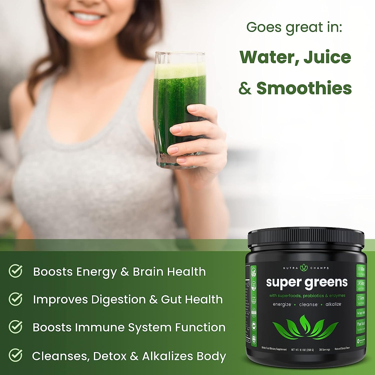 NutraChamps Super Greens Powder Premium Superfood | 20+ Organic Green Veggie