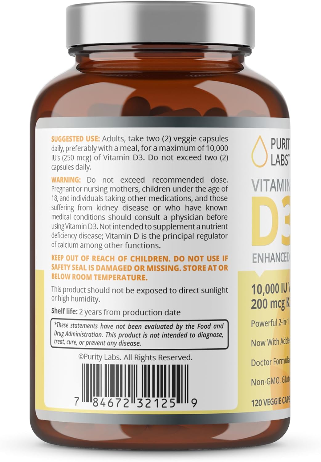 Purity Labs Vitamin D3 K2 10000 IU, (250mcg) D3 + 200mcg K2 MK7 - 120 Capsules