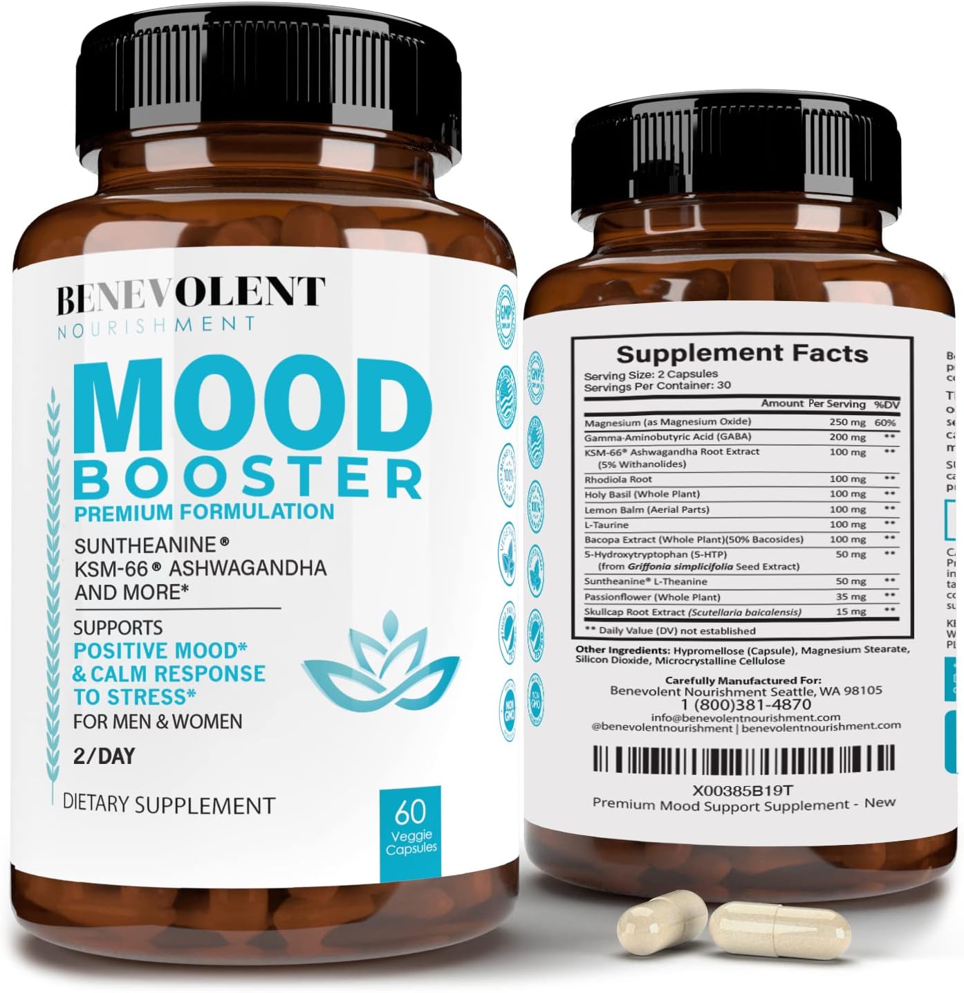 Calm Mood Booster Supplement - Natural Happy Pills for Stress, - 60 Count