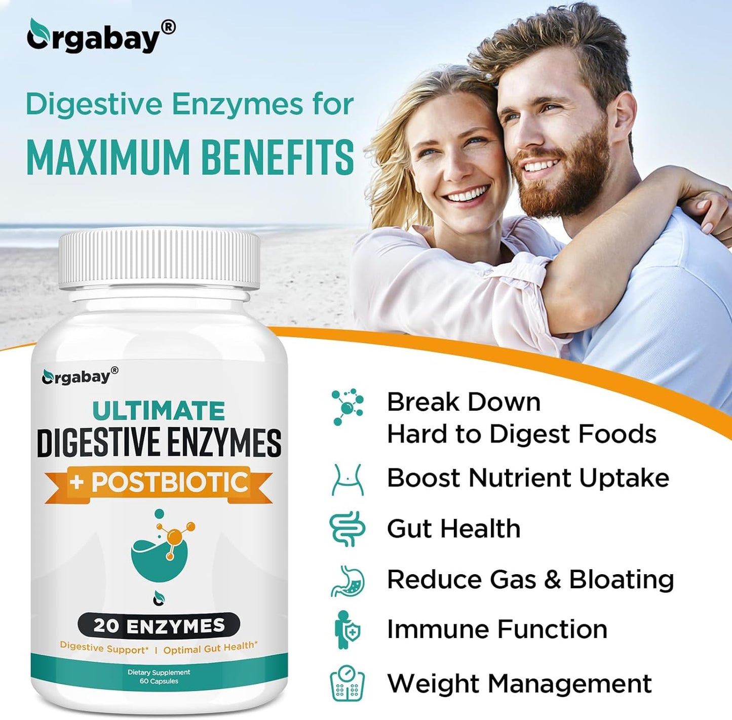 Orgabay Digestive Enzymes  with Postbiotics, 20 Enzyme 60 Veggie Capsules